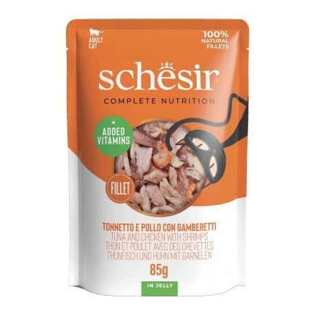 Schesir CB tuńczyk z kurczakiem i krewetkami w galarecie 85 g